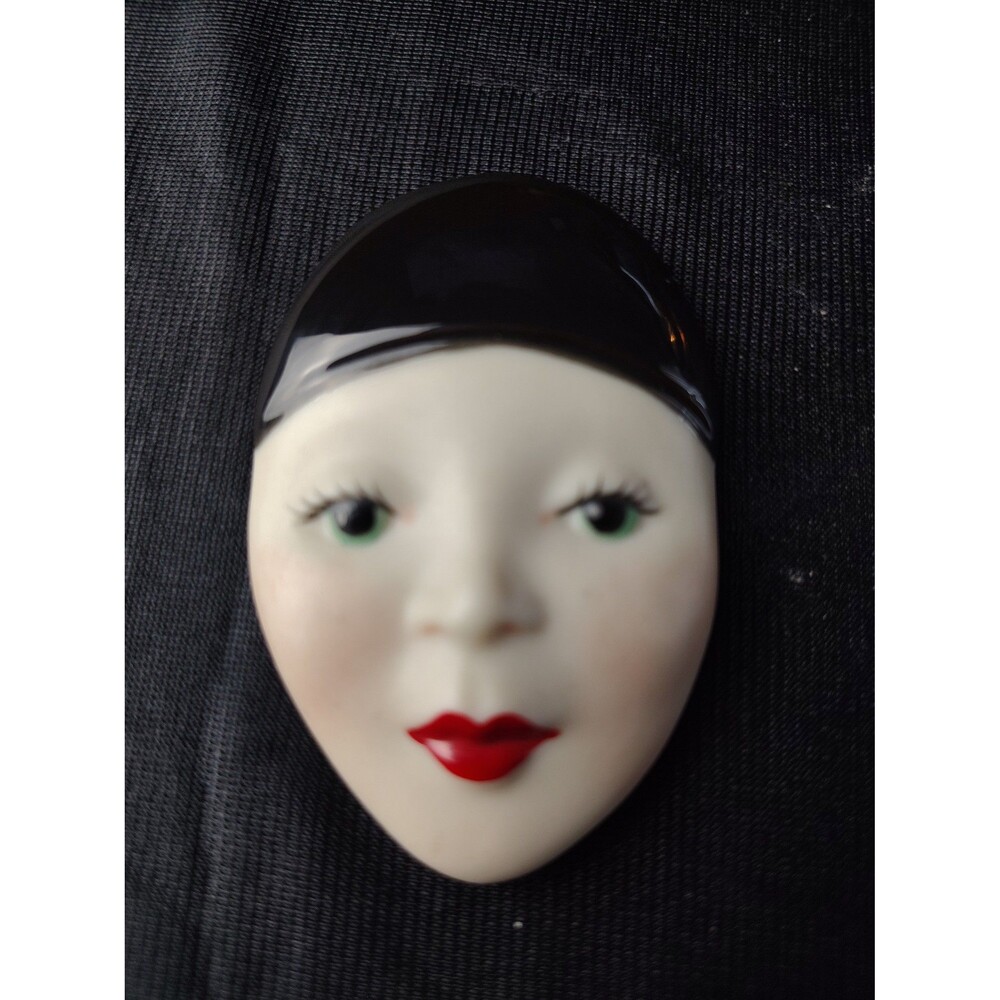 Vintage 1989 Hand painted Ceramic Face Mask Woman Girl Brooch Signed Gina "89"